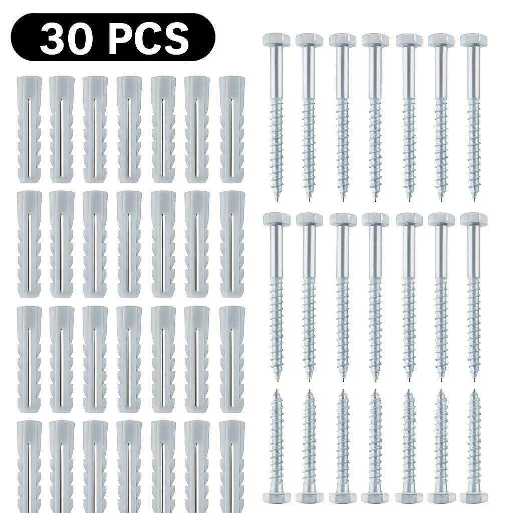 FixPro™ – 30 darabos 10x60 mm-es tágulási tipli készlet + 6x60 mm-es hatszögletű csavarok