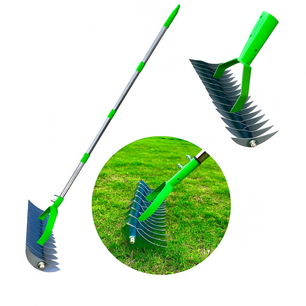 GrassRake™ – Kézi gyepszellőztető fém pengékkel és vezetőkerékkel