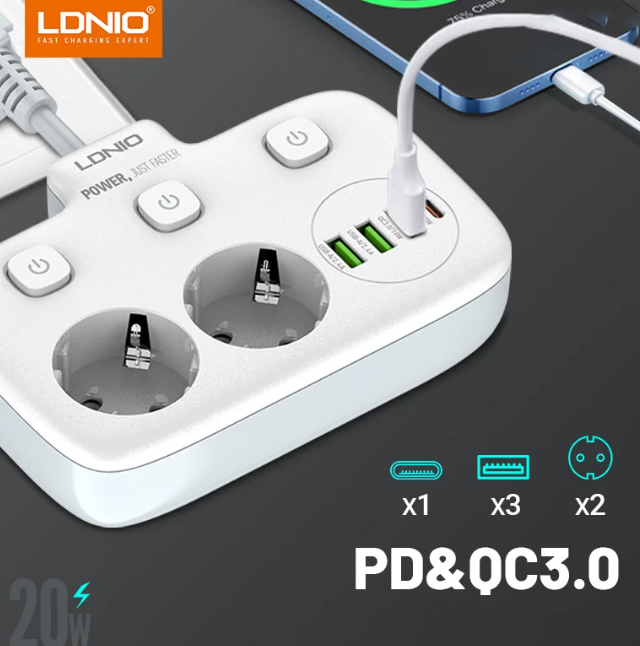 Több aljzat 2 AC aljzattal, 3x USB, USB-C
