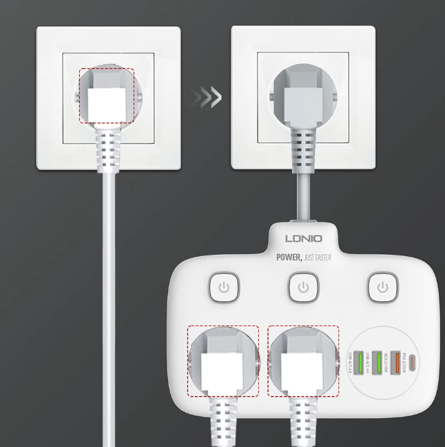 Több aljzat 2 AC aljzattal, 3x USB, USB-C