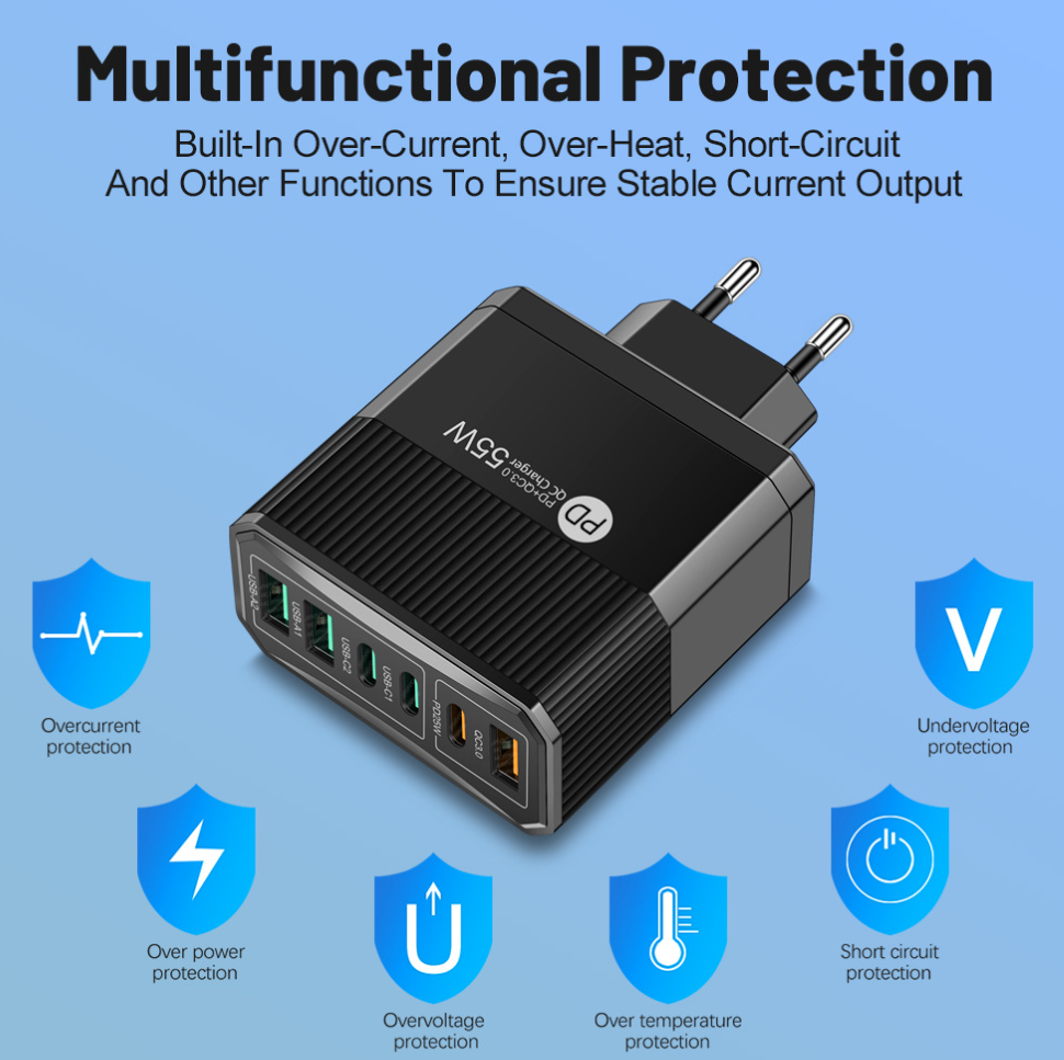 USB töltő 6 porttal, 55W gyorstöltővel
