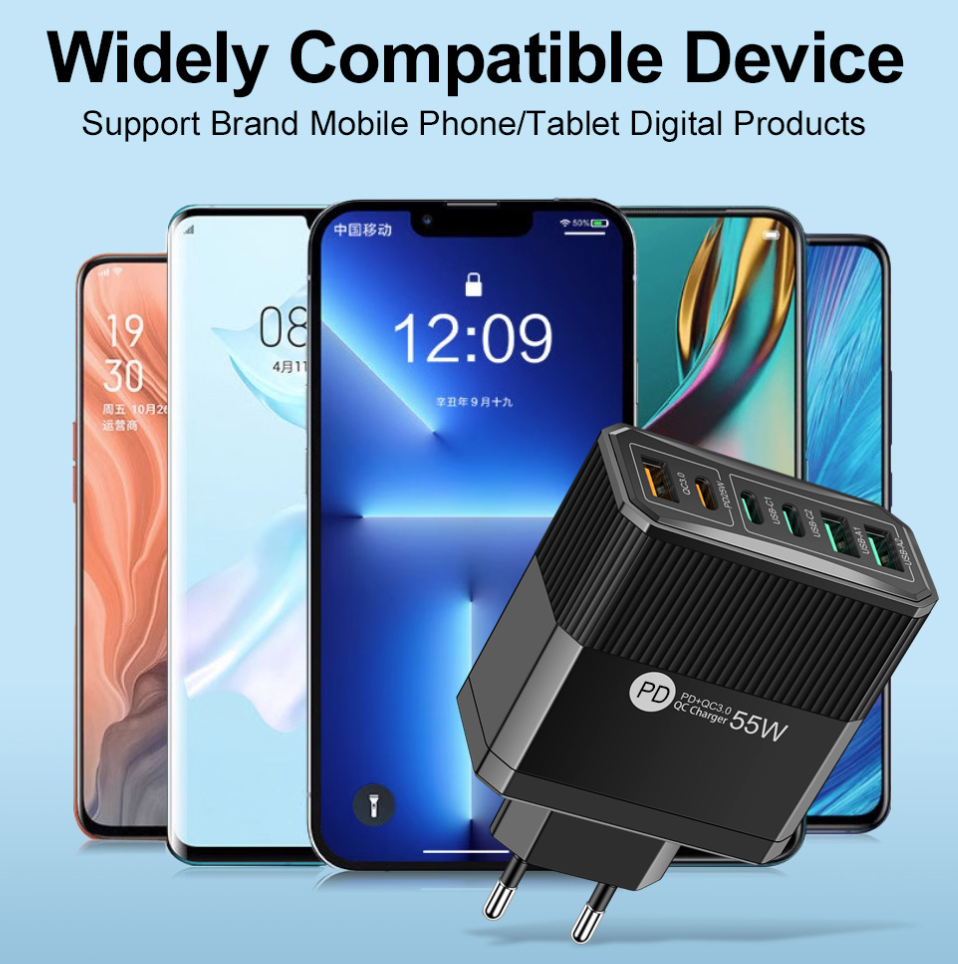 USB töltő 6 porttal, 55W gyorstöltővel