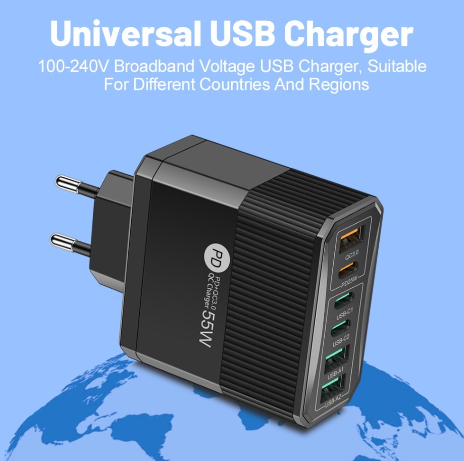 USB töltő 6 porttal, 55W gyorstöltővel
