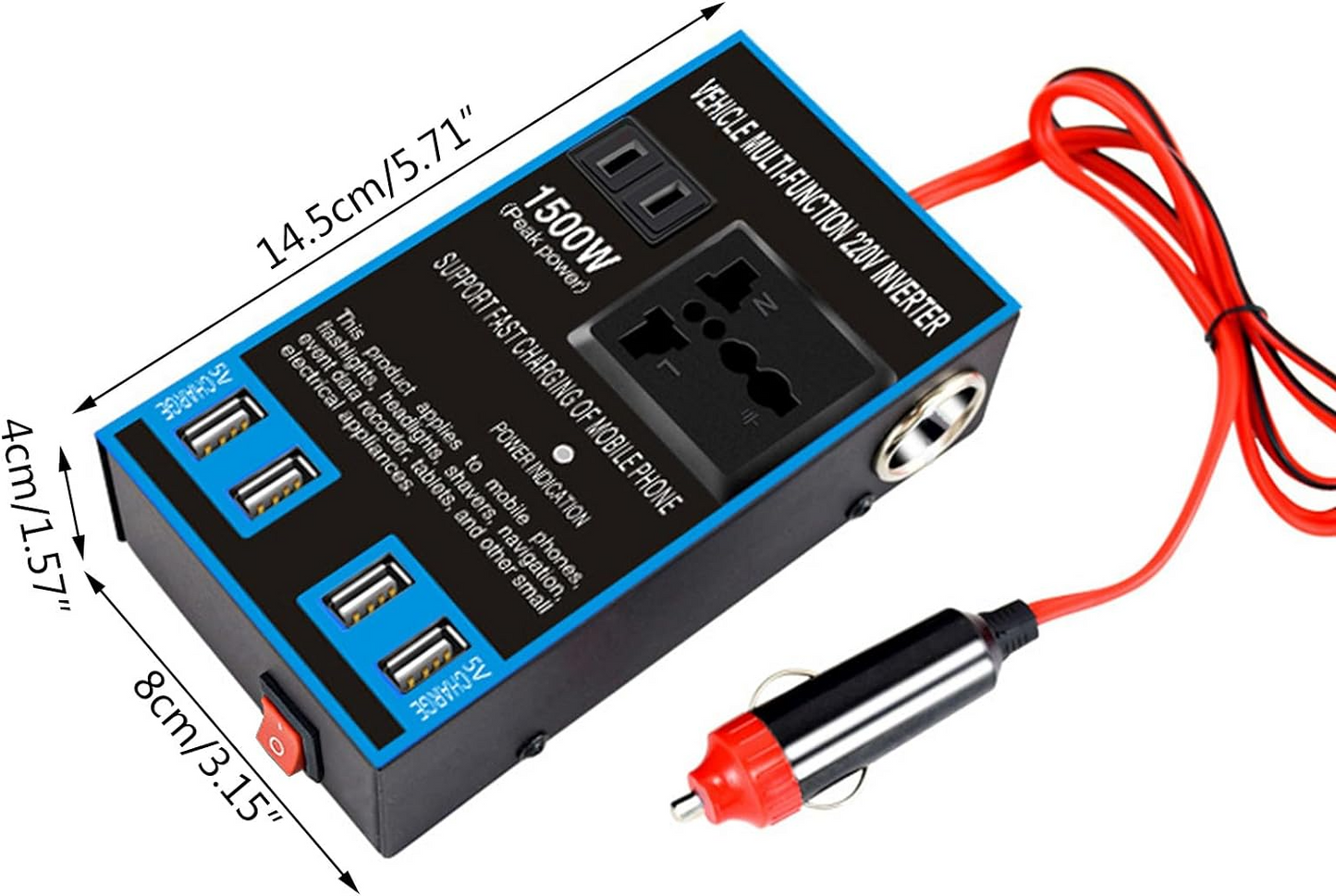 Autós inverteres aljzatos töltő ABS DC 12V - DC 220V 1500w