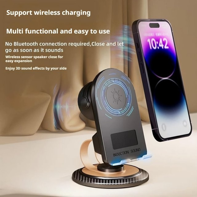 NOVIA™ - Multifunkcionális telefontartó Bluetooth 5.3-mal, vezeték nélküli töltéssel és beépített hangszóróval