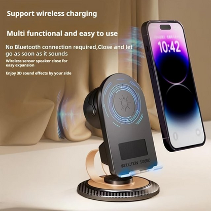 NOVIA™ - Multifunkcionális telefontartó Bluetooth 5.3-mal, vezeték nélküli töltéssel és beépített hangszóróval