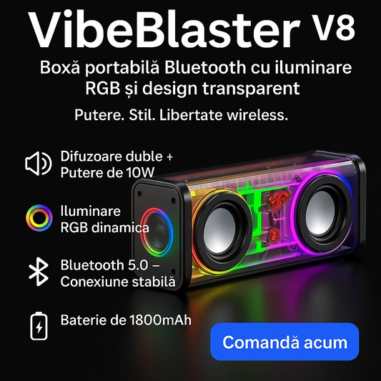 VibeBlaster™ V8 – Hordozható Bluetooth hangszóró RGB világítással és átlátszó kialakítással
