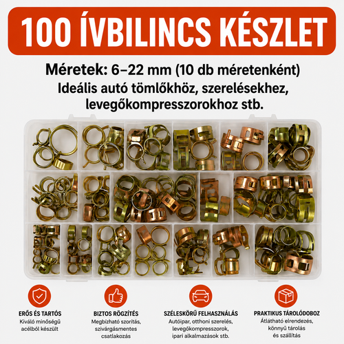 SpringClamp™ - 100 darabos rugalmas fém tömlőbilincs készlet – 6-22 mm átmérő