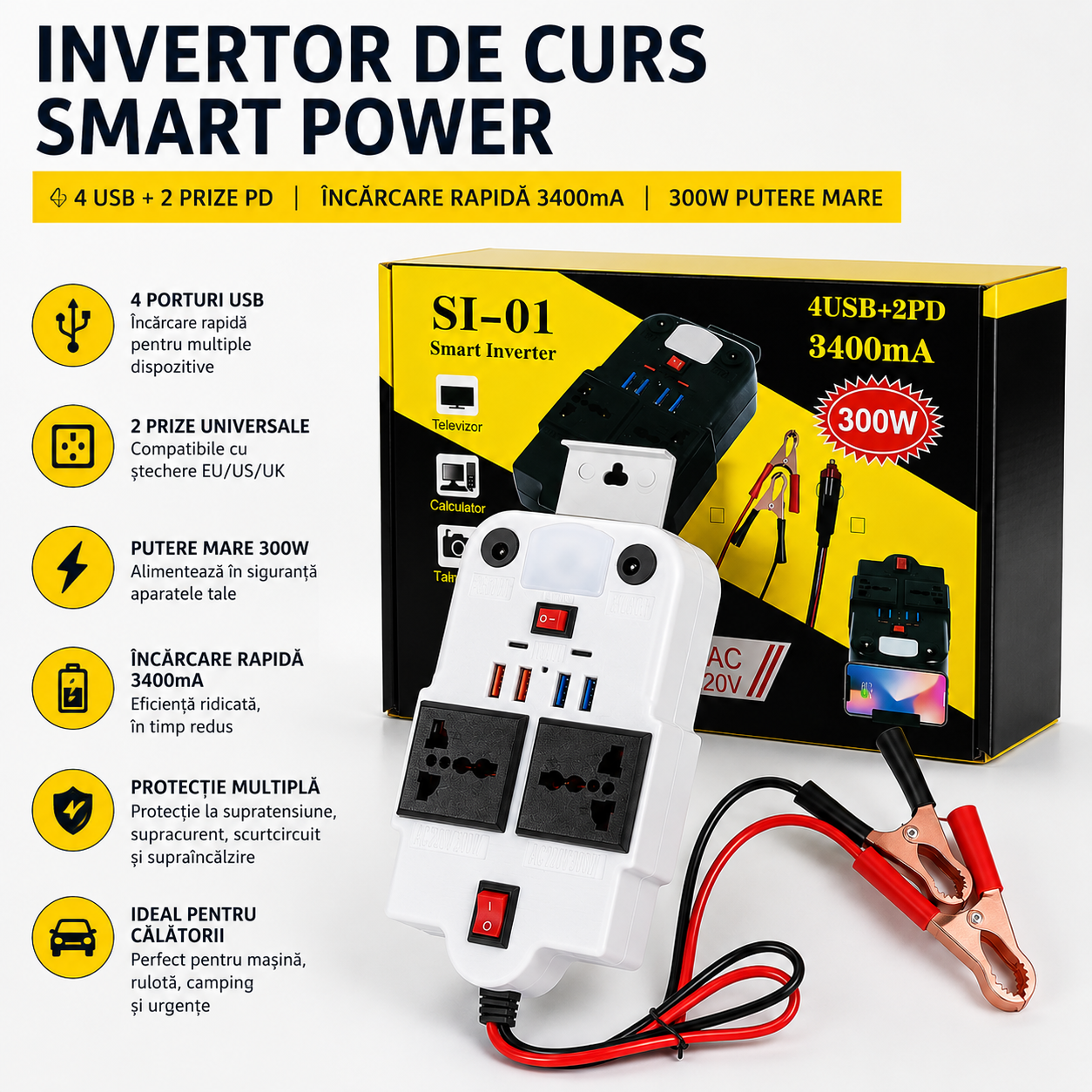 Powerix™ – Intelligens 300W-os autós inverter 4 USB- és 2 PD-porttal