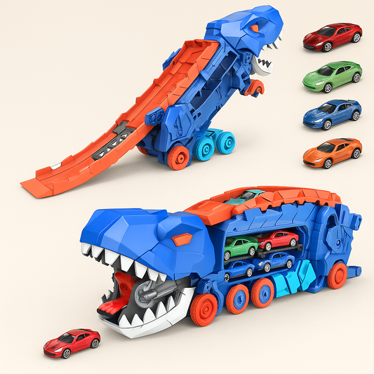 DinoRacer™ – Átalakítható dinoszaurusz teherautó indítórámpával és 4 autóval