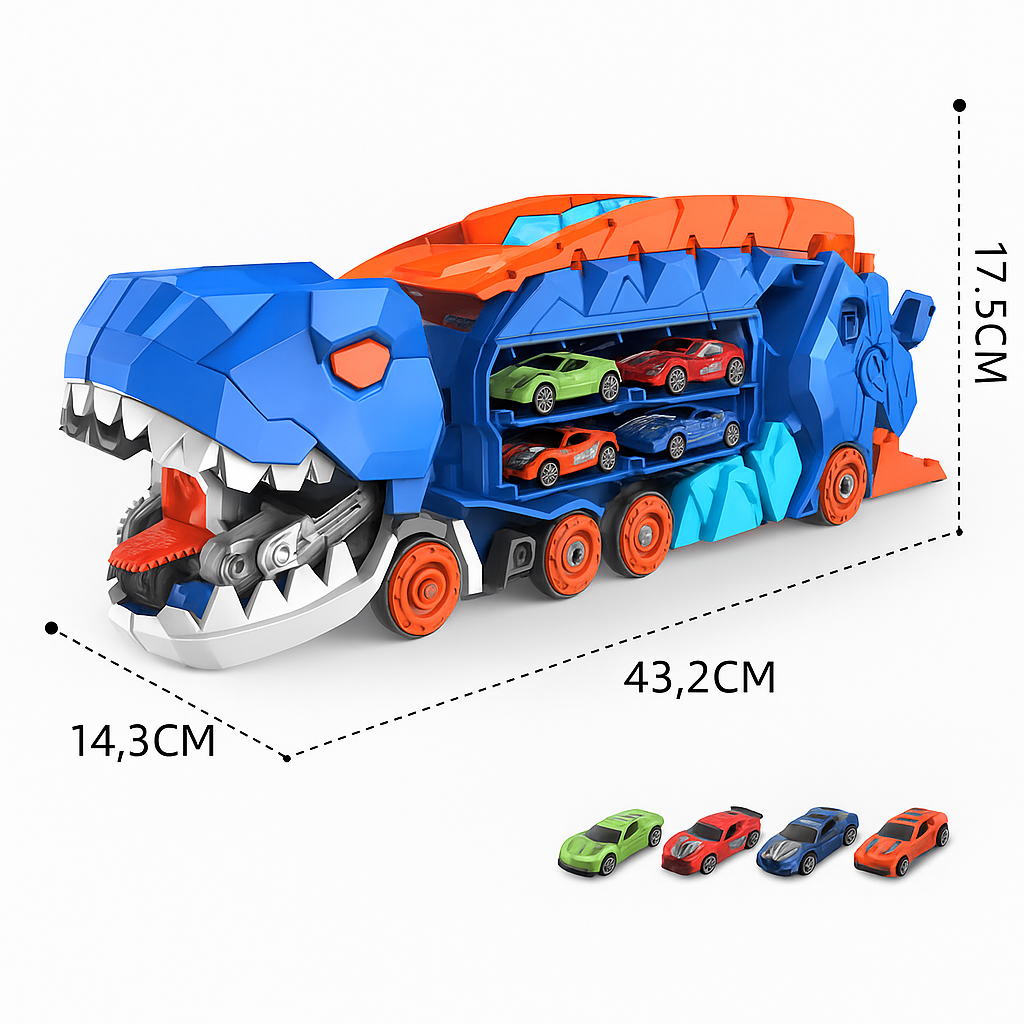 DinoRacer™ – Átalakítható dinoszaurusz teherautó indítórámpával és 4 autóval