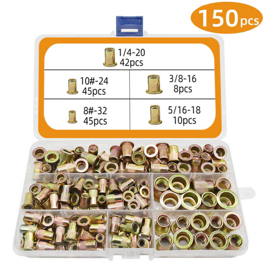 RivetMaster™ - 150 darabos menetes szegecsanya készlet, lapos fejű M3 M4 M5 M6 M8