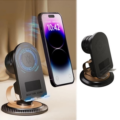 NOVIA™ - Multifunkcionális telefontartó Bluetooth 5.3-mal, vezeték nélküli töltéssel és beépített hangszóróval