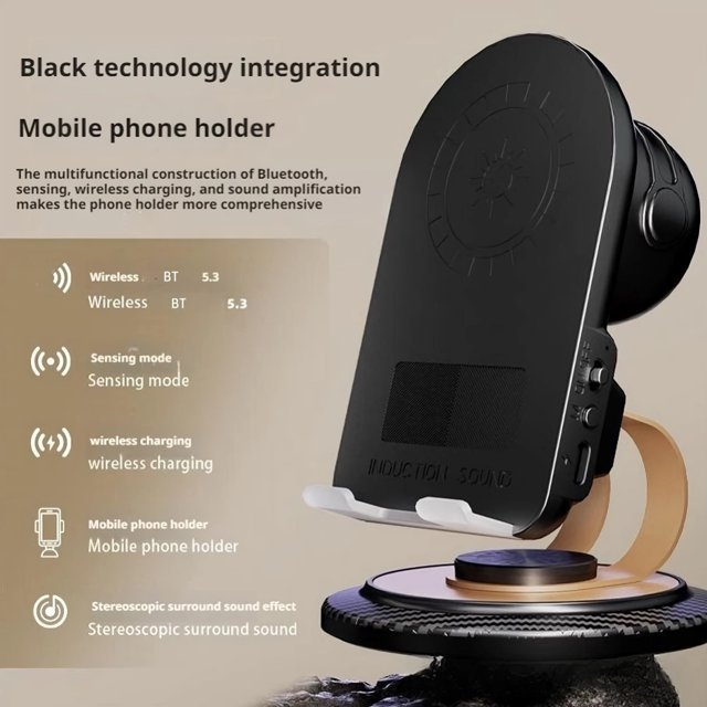 NOVIA™ - Multifunkcionális telefontartó Bluetooth 5.3-mal, vezeték nélküli töltéssel és beépített hangszóróval