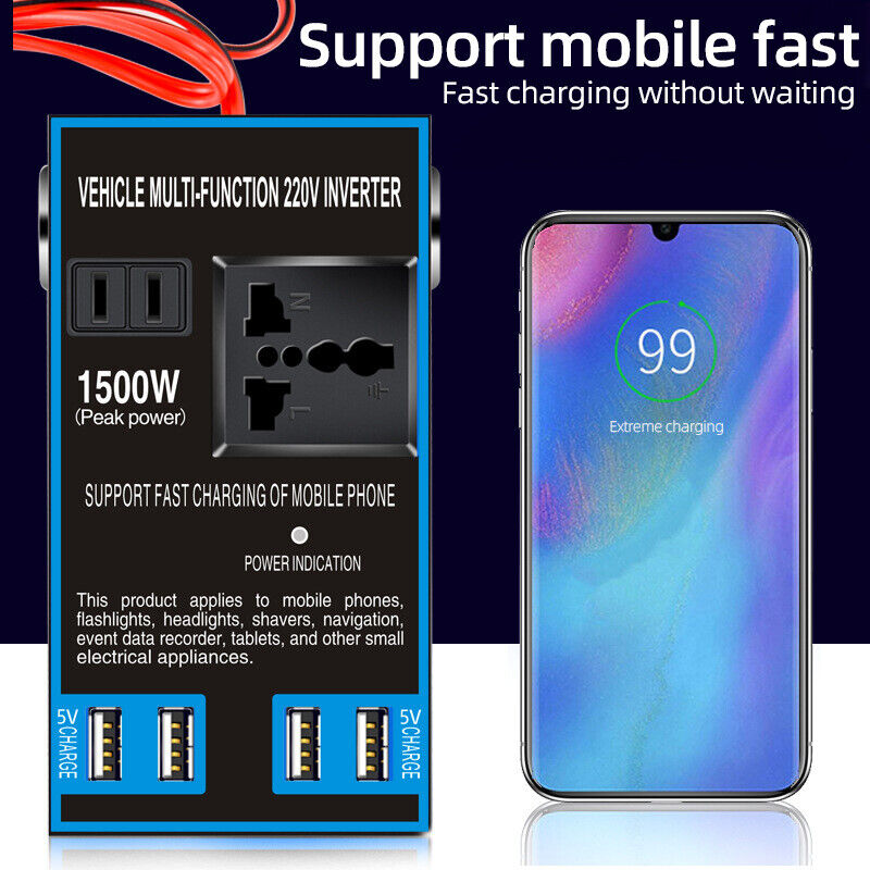 Autós inverteres aljzatos töltő ABS DC 12V - DC 220V 1500w