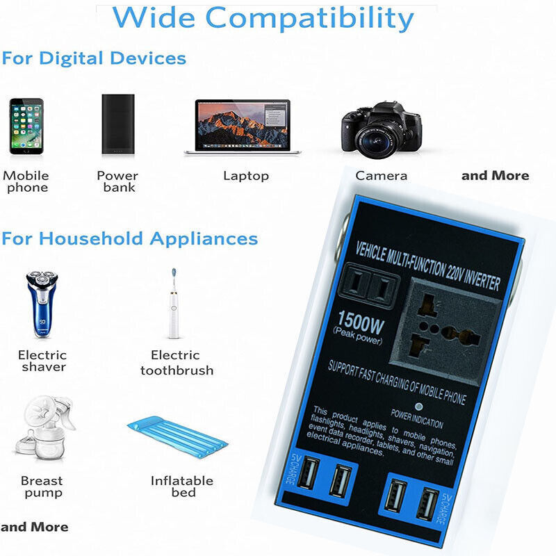 Autós inverteres aljzatos töltő ABS DC 12V - DC 220V 1500w